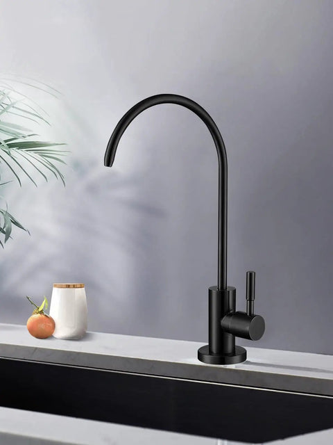 Superior Matte Black Water Filter Faucet Offers Easy Peasy Reverse Osmosis Setup For Kitchen Sink Straight Up Crafted From Solid Lead Free Stainless Steel on sleek countertop.