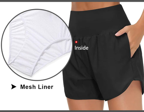 Women's High Waist Running Shorts With Liner For Athletic Training And Hiking Zip Pockets And Back Pocket Secure No Roll Waistband
