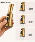 Gold Brushed Nickel Kitchen Faucet with Pull Down Sprayer, 3 Mode Sprayer showing three spray modes: bubble stream, shower spray, and blade spray.