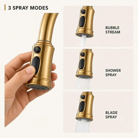 Gold Brushed Nickel Kitchen Faucet with Pull Down Sprayer, 3 Mode Sprayer showing three spray modes: bubble stream, shower spray, and blade spray.
