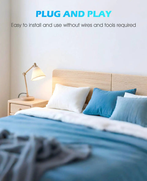 Bedroom setup with lamp, showcasing plug and play use of Wireless Remote Control Outlet for Christmas Lights, Mini Remote Light Switch 10A 1200W, Long Range Up To 130 Ft, Easy Wall Switch, FCC and ETL Certified, Plug and Play Convenience.