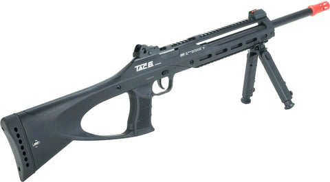 Tac6 CO2 Powered Airsoft Rifle With Bipod And Integrated Pointer Black Finish for accurate field play and training.