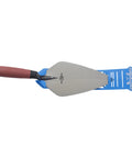 London Style Pro Grade Brick Trowel With DuraSoft Handle For Brickwork Blockwork And Stonework Ten And One Half Inch By Four And Three Quarters Inch Forged High Carbon Steel Made In USA Masonry Tool on blue packaging