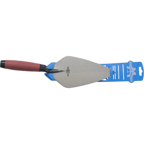 London Style Pro Grade Brick Trowel With DuraSoft Handle For Brickwork Blockwork And Stonework Ten And One Half Inch By Four And Three Quarters Inch Forged High Carbon Steel Made In USA Masonry Tool on blue packaging