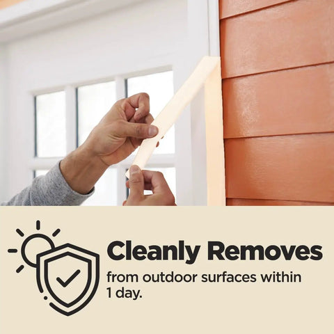 Beige General Purpose Masking Tape 1.88 Inch By 60 Yard being applied to an outdoor surface, highlights easy removal within one day