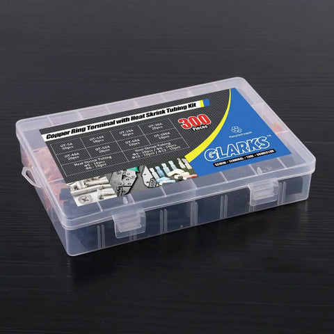 Top Shelf Open Barrel Copper Ring Lug Terminals And Heat Shrink Tubing Assortment Kit in plastic organizer with 300 pieces.