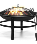 26 Inch Outdoor Wood Burning Fire Pit Heavy Duty Steel Bonfire Bowl With Spark Screen Log Grate And Poker For Patio