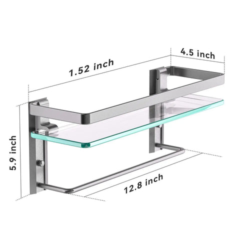 Glass Shelf With Towel Bar For Bathroom, 15.2 By 4.5 Inches, Wall Mount Organizer In Silver, side view with measurements