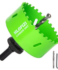 Front view of HLOFIZI carbide grit hole saw, 3-1/2 in diameter, green with 1-1/2 in depth; includes drill bit and hex key.