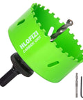 Front view of HLOFIZI 3-5/8 in carbide grit hole saw with green housing and arbor; includes hex key and drill bit