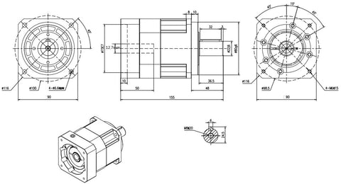 Top Shelf 5 Arcmin High Precision Helical Planetary Reducer Gearbox Featuring Dead On Ratios From 3:1 To 10:1 crafted for Nema34 motor, technical drawing.