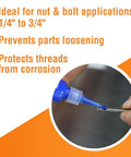 Permatex 24200 blue medium-strength threadlocker being applied to a bolt.