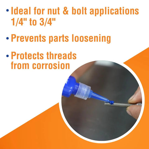 Permatex 24200 blue medium-strength threadlocker being applied to a bolt.