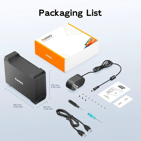 No Sweat Dual Bay Raid Enclosure For 3.5 Inch Sata Hard Drives With Chill Cooling Fan packaging contents and dimensions.