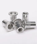 Close-up of 100 Piece M6 Flat Head Threaded Aluminum Rivet Nut Blind Insert Nut Set With Tool For Easy Installation, showing rivet nuts detail