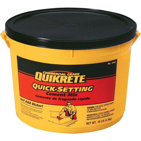 Quick Set Cement And Mortar Mix In A Ten Pound Pail for fast repairs with high strength grip and white finish.