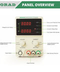 Front view of Precision Variable DC Power Supply 30V 5A with dual LED displays and control panel details.