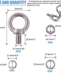 Heavy Duty M14 Eye Bolt Set In 304 Stainless Steel With Lock Nuts, Lock Washers, And Flat Washers For Lifting, Rigging, And Securing Projects, Corrosion Resistant, Rust Proof, High Strength Hardware Kit For Tough Jobs, showing dimensions and components.