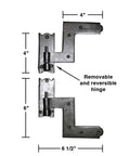 Image of Four Pack Wrought Iron Lift Off Pintle Shutter Hinges Six And A Half Inch Black Colonial design with size annotations.