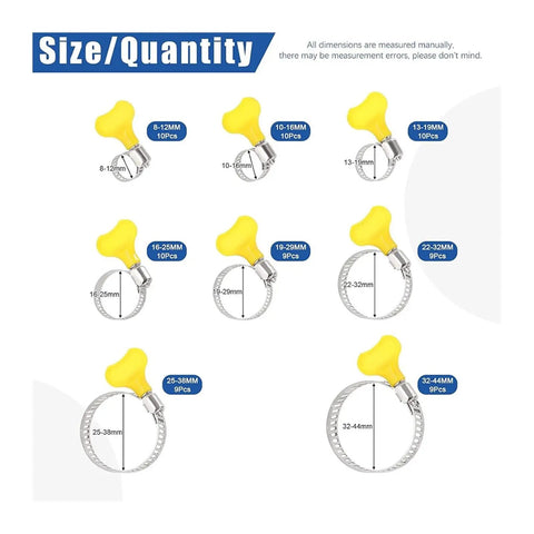 Top Notch 76 Piece Adjustable Hose Clamp Kit Fits 8-44MM Series With Stainless Steel Worm Gear Design And Plastic Handle For DIY Auto Repair And Home Plumbing Projects That Never Fail, size chart
