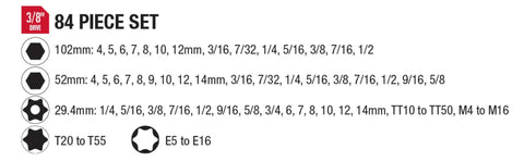 84 piece configuration for 3/8 Inch Drive Impact Socket Set Master SAE And Metric With Long Mid And Stubby Lengths