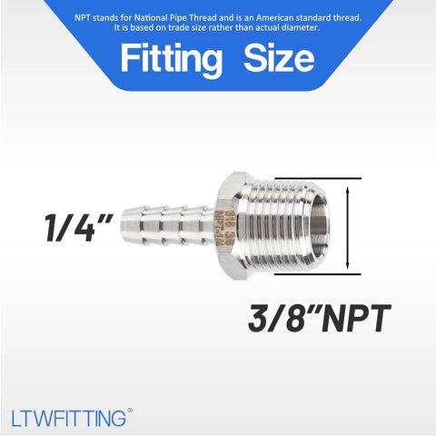 Top Shelf Stainless Steel 316 Barb Connector 1/4 Inch Hose Id To 3/8 Male Npt Bulk Pack Of 600 Pieces detail with sizes shown.
