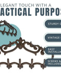 Knockout Five Hook Cast Iron Wall Hanger In Rustic Brown Fleur De Lis detailed view showing vintage finish and sturdy construction.