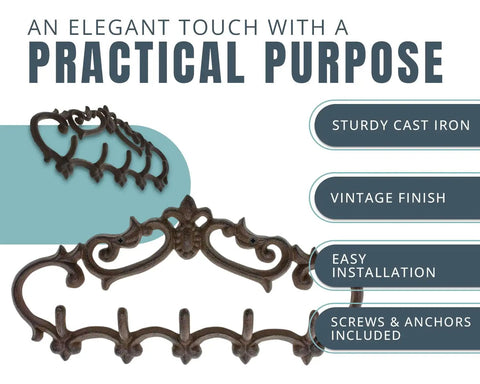Knockout Five Hook Cast Iron Wall Hanger In Rustic Brown Fleur De Lis detailed view showing vintage finish and sturdy construction.