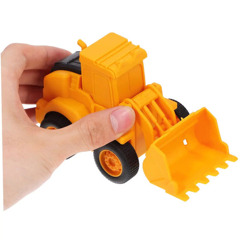 Hand holding yellow model from 4 Piece Front End Loader Plastic Engineering Vehicle Models For Compact Construction Trucks Built For Kids To Boost Hand Eye Coordination And Safe Outdoor Play With Durable Kid Safe Design And Realistic Details.