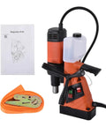 Rock Solid 1100W Magnetic Drilling And Tapping Machine With 10 To 35mm Range showing drill, manual, safety strap and heavy duty design.