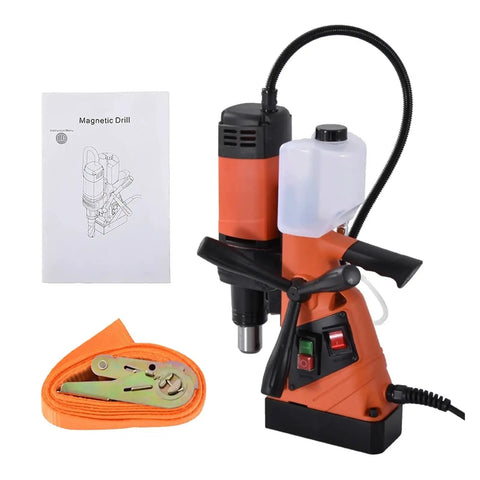 Rock Solid 1100W Magnetic Drilling And Tapping Machine With 10 To 35mm Range showing drill, manual, safety strap and heavy duty design.