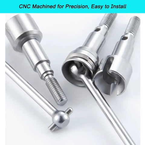 Close-up of CNC machined Beefy 4 Piece RC Front And Rear CVD Driveshaft Set for One Sixteenth Scale Trucks, silver metal