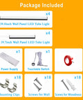 Package contents of Eight Pack 3000K LED Lights for Wood Slat Walls and WPC Panels, including tubes, power supply, switch, and mounting hardware.