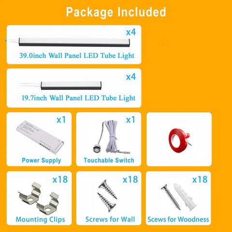 Package contents of Eight Pack 3000K LED Lights for Wood Slat Walls and WPC Panels, including tubes, power supply, switch, and mounting hardware.