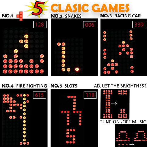 Hands On Solder Kit With Five Retro Game Classics For Electronics Practice And Learning Handheld Size In Clear Acrylic Case Easy To Build And Play Great Gift For Family And Friends showing game screens