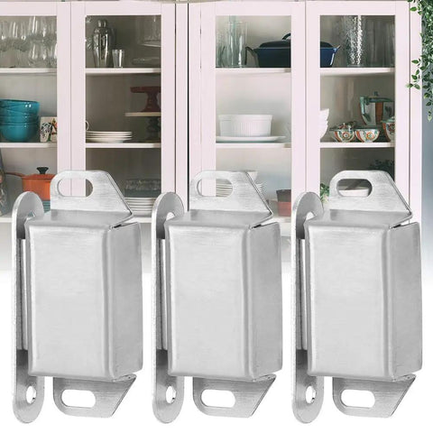 Magnetic Door Catch Stainless Steel 5 Pack for Bathroom and Kitchen Cabinets in front of a cabinet with kitchenware