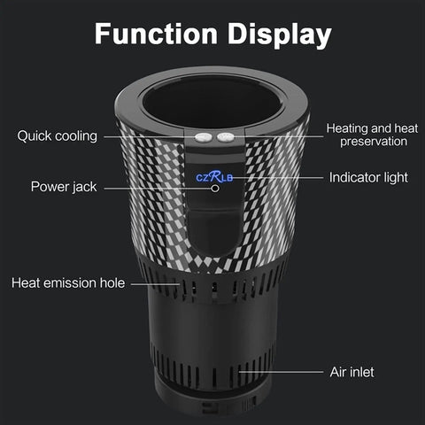 Smart 2 In 1 Car Cup Warmer And Cooler With Digital Temp Display showing function display and features like power jack.