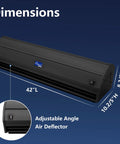 Sleek 42 Inch Black Air Curtain With 1000 Cfm High Velocity Airflow And Two Speeds showing dimensions and adjustable angle air deflector.