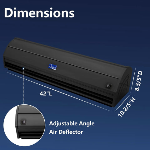 Sleek 42 Inch Black Air Curtain With 1000 Cfm High Velocity Airflow And Two Speeds showing dimensions and adjustable angle air deflector.