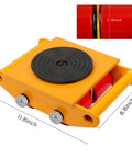 Heavy Duty Machinery Moving Skates Set With 13200 Lb Capacity And 360 Degree Rotation Dolly, yellow, dimensions labeled