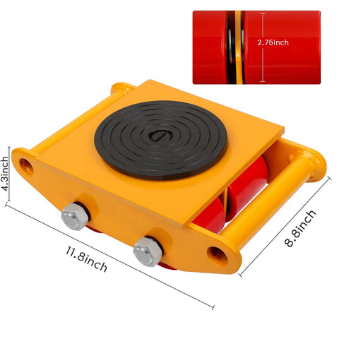 Heavy Duty Machinery Moving Skates Set With 13200 Lb Capacity And 360 Degree Rotation Dolly, yellow, dimensions labeled