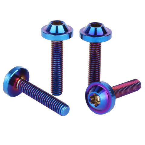 Grade Five Titanium Bolts For Bike And Moto Mods Button Torx Head Screws With Knockout Rust Resistance in slick burnt blue finish.