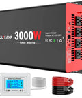Built Tough 3000 Watt Power Inverter converts 12V Dc To 110V Ac With 6000 Peak Surge, includes remote control and cables.