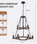Wagon Wheel Chandelier 9 Light Farmhouse Ceiling Light in Black Metal and Wood Frame with dimensions and ceiling adaptability