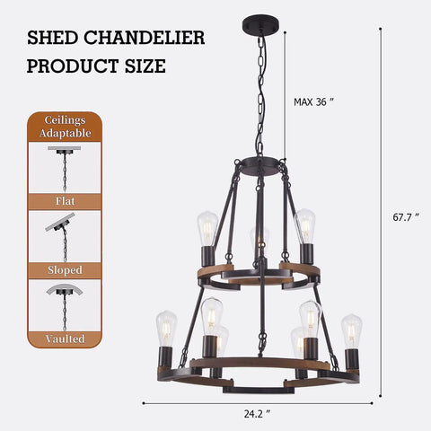 Wagon Wheel Chandelier 9 Light Farmhouse Ceiling Light in Black Metal and Wood Frame with dimensions and ceiling adaptability