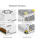 Close-up details of Beefy AC To DC 5V 20A Switching Power Supply Adapter Converter showing fan exhaust and heat dissipating holes.