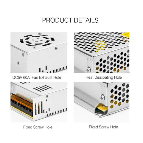 Close-up details of Beefy AC To DC 5V 20A Switching Power Supply Adapter Converter showing fan exhaust and heat dissipating holes.