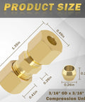 Angled front view of brass compression tube fitting unions, 3/16 in OD x 3/16 in OD, with 10 ferrule sleeves