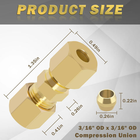 Angled front view of brass compression tube fitting unions, 3/16 in OD x 3/16 in OD, with 10 ferrule sleeves