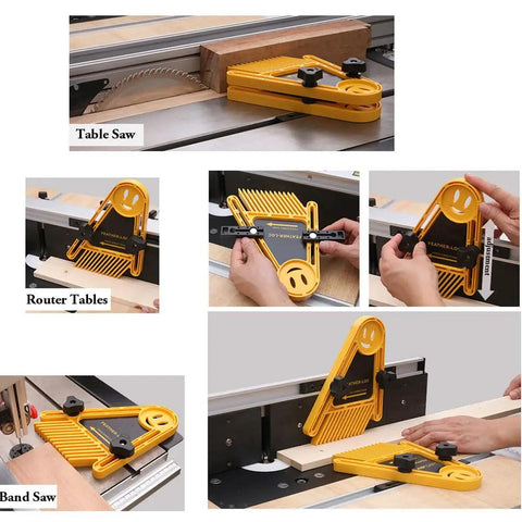 Featherboard Push Block Set for Table Saws and Miter Slots, Two Pack, used on table saw, router tables, and band saws, yellow.